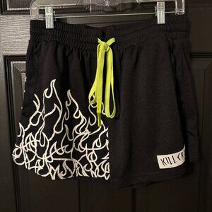 EUC Mens Kill Crew Athletic Shorts Black White Flames Yellow Pull Tie Logo Large